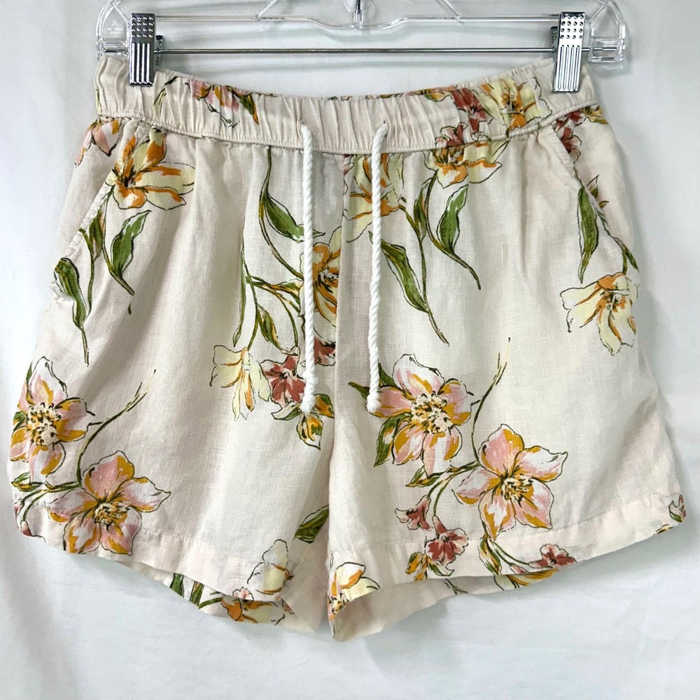 RACHEL ROY 100% Linen Cream Floral Shorts Women's S Elastic Waist Coastal Beach